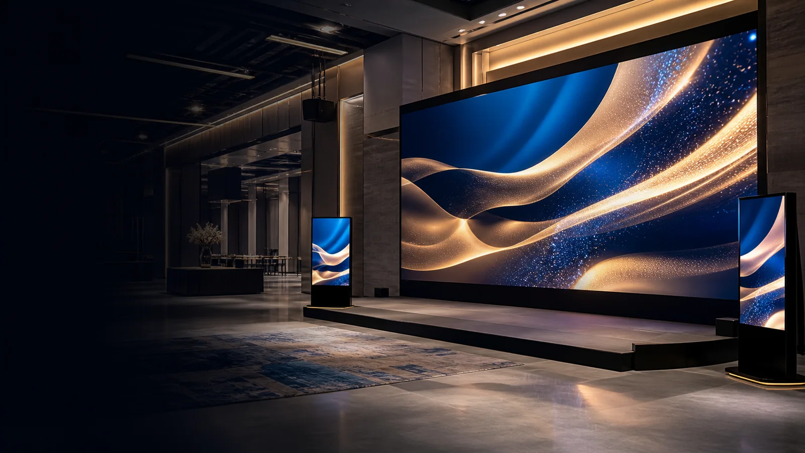 Large LED advertising wall and freestanding digital signs in a premium venue
